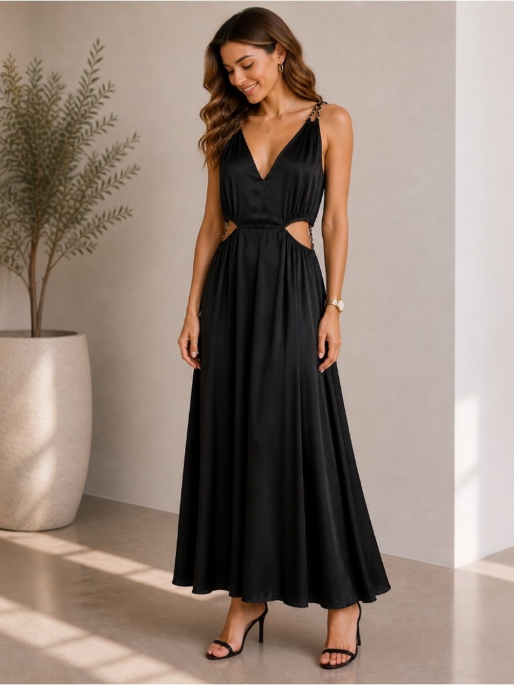 Reset by Jane Marci Dress Black Cutout Midi V Neck Size Small
